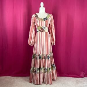 Vintage 70s this is Yours peppermint stripe patchwork boho tiered maxi dress, 9